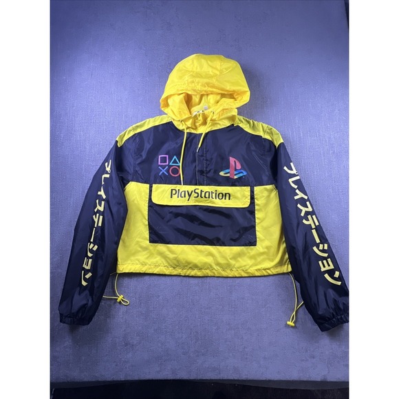 Playstation Jackets & Blazers - PlayStation 1/4 Zip Windbreaker Cropped Hooded Black & Yellow Women's SZ XL